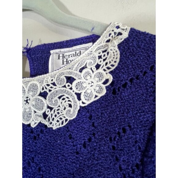 Retro Knit Sweater Chevron M Blue Floral Lace Chic Preppy Classic Neutral 80s - Picture 4 of 10